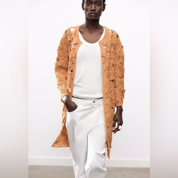 Zara Macramé Open Knit Boho Cardigan Coat Small - Picture 11 of 12